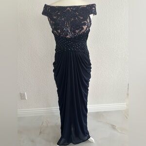 Adrianna Papell Navy Off Shoulder Maxi Dress